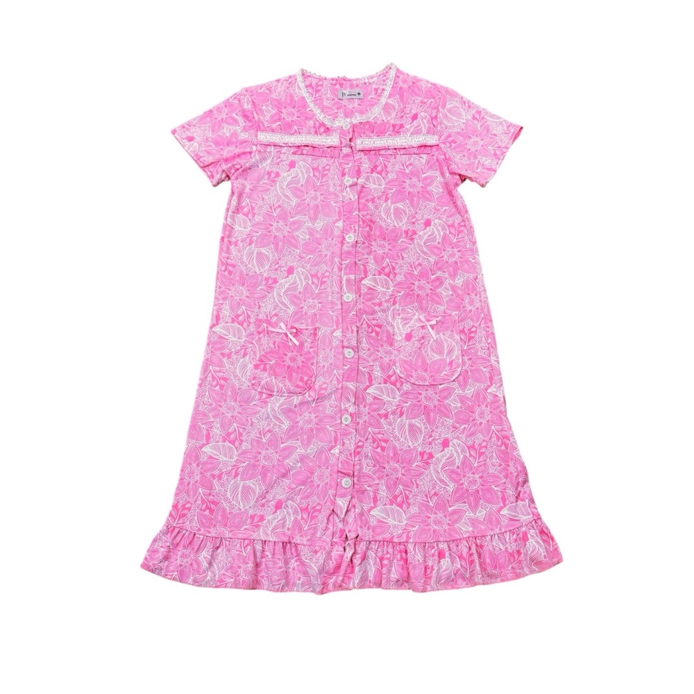 Joan Vass pink floral house coat button down robe with pockets size M